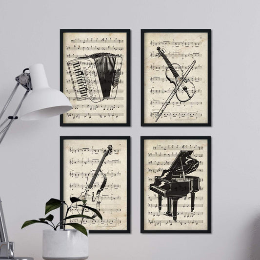 Set de 4 láminas de Enciclopedia Vintage con Instrumentos y Partituras. Piano, Violin, chelo, acordeon. Música clásica. .-Artwork-Nacnic-Nacnic Estudio SL