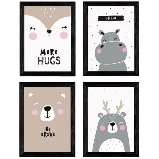 Set de 4 láminas "Oso, hipopotamo y erizo". Posters de animales.-Artwork-Nacnic-Nacnic Estudio SL