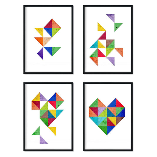 Set de 4 láminas para enmarcar CORAZÓN. Cuatro posters con imágenes geométricas. Composición de CORAZÓN. Láminas estilo nordico-Artwork-Nacnic-Nacnic Estudio SL