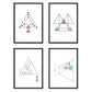 Set de 4 láminas para enmarcar TRAZO FINO. Posters estilo nórdico con triángulos para la decoración del hogar. Láminas con formas geométricas en tonos rojizos y azules.-Artwork-Nacnic-Nacnic Estudio SL