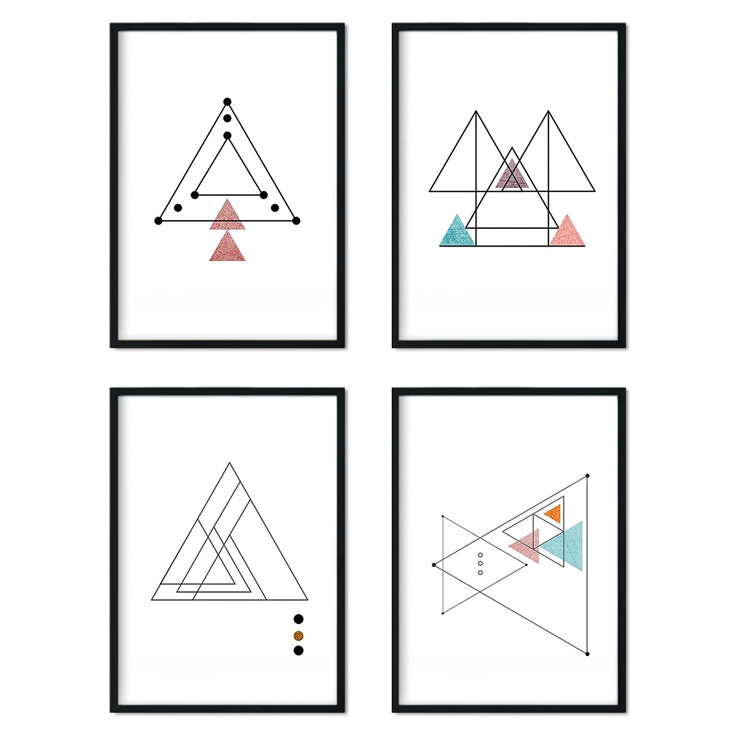 Set de 4 láminas para enmarcar TRAZO FINO. Posters estilo nórdico con triángulos para la decoración del hogar. Láminas con formas geométricas en tonos rojizos y azules.-Artwork-Nacnic-Nacnic Estudio SL