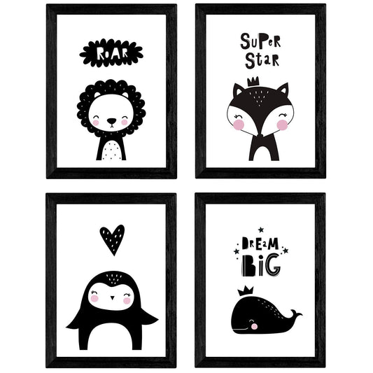 Set de 4 láminas "Zorro, leon, ballena y pingüino". Posters de animales.-Artwork-Nacnic-Nacnic Estudio SL