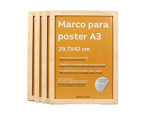 Set de 4 Marcos Madera Clara tamaño A3 (29.7x42cm). Marco de Color Light wood-Nacnic-Nacnic Estudio SL