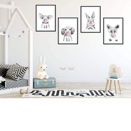 Set de 4 posters para niños y habitacion infantil estilo nordico Animales con chicle rosa-Artwork-Nacnic-Nacnic Estudio SL