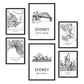 Set de 6 láminas de Australia. Pósters con ilustraciones en estilo nórdico de mapas y monumentos para tu hogar, negocio, oficina. Tamaños A4 y A3. .-Artwork-Nacnic-Nacnic Estudio SL