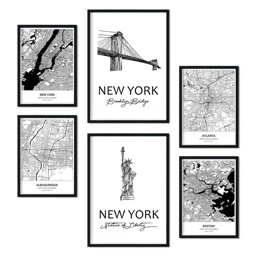 Set de 6 láminas de EE.UU.. Pósters con ilustraciones en estilo nórdico de mapas y monumentos para tu hogar, negocio, oficina. Tamaños A4 y A3. .-Artwork-Nacnic-Nacnic Estudio SL