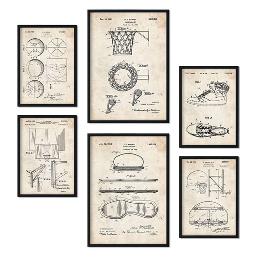 Set de 6 láminas de patentes Baloncesto. Pósters con dibujos retro de inventos antiguos para tu hogar. Tamaños A4 y A3. .-Artwork-Nacnic-Nacnic Estudio SL