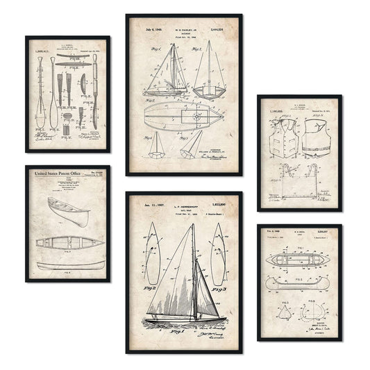 Set de 6 láminas de patentes Barco. Pósters con dibujos retro de inventos antiguos para tu hogar. Tamaños A4 y A3. .-Artwork-Nacnic-Nacnic Estudio SL