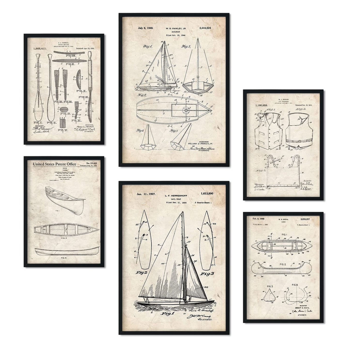 Set de 6 láminas de patentes Barco. Pósters con dibujos retro de inventos antiguos para tu hogar. Tamaños A4 y A3. .-Artwork-Nacnic-Nacnic Estudio SL