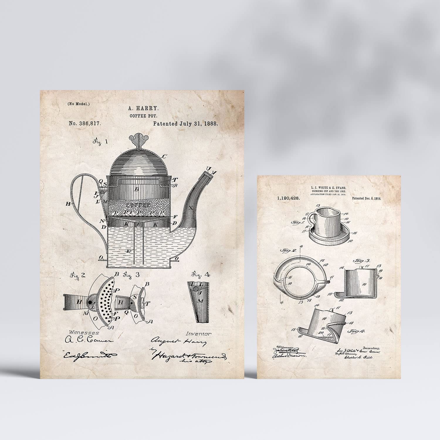 Set de 6 láminas de patentes Cafetera. Pósters con dibujos retro de inventos antiguos para tu hogar. Tamaños A4 y A3. .-Artwork-Nacnic-Nacnic Estudio SL