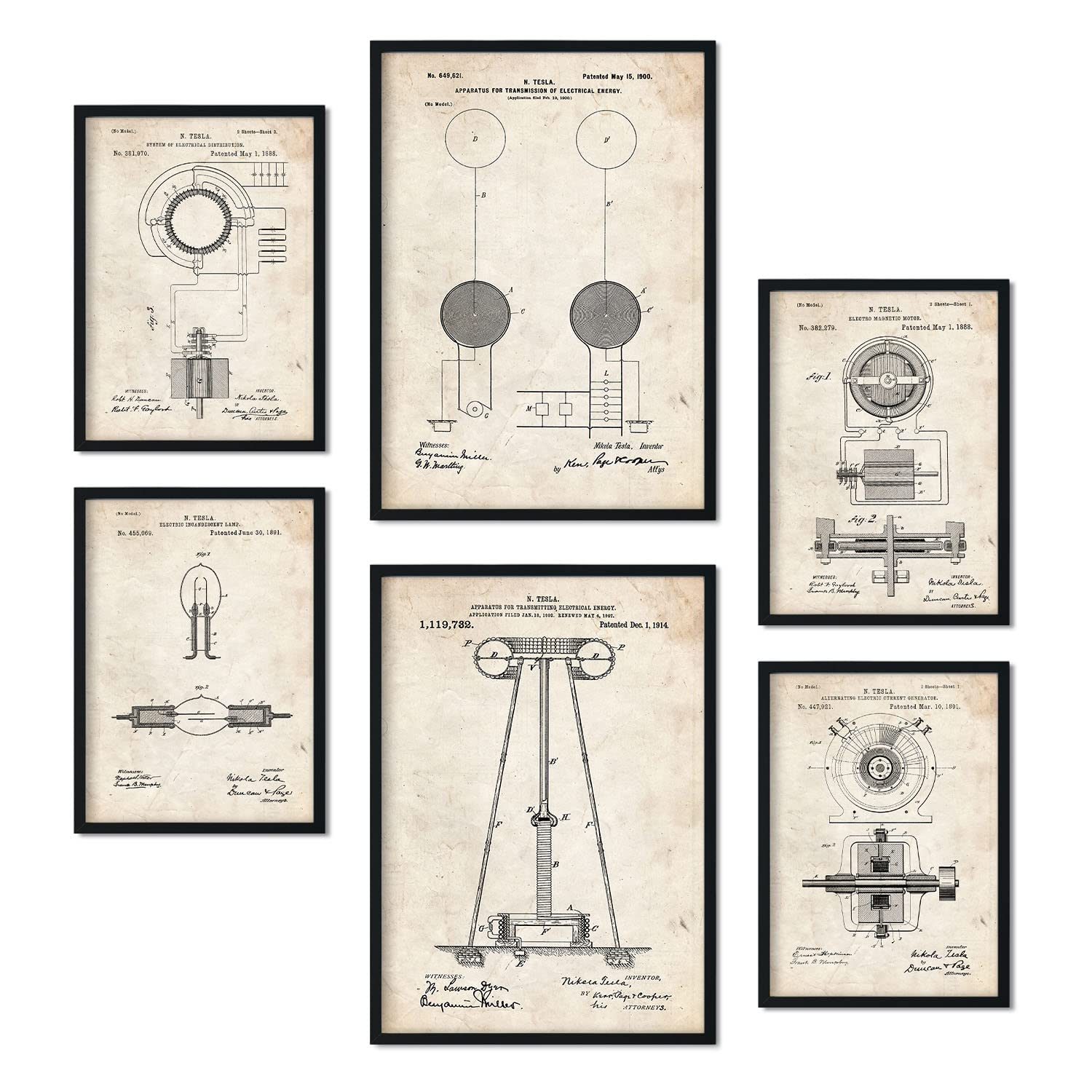Set de 6 láminas de patentes Electricidad 1. Pósters con dibujos retro de inventos antiguos. Tamaños A4 y A3. .-Artwork-Nacnic-Nacnic Estudio SL