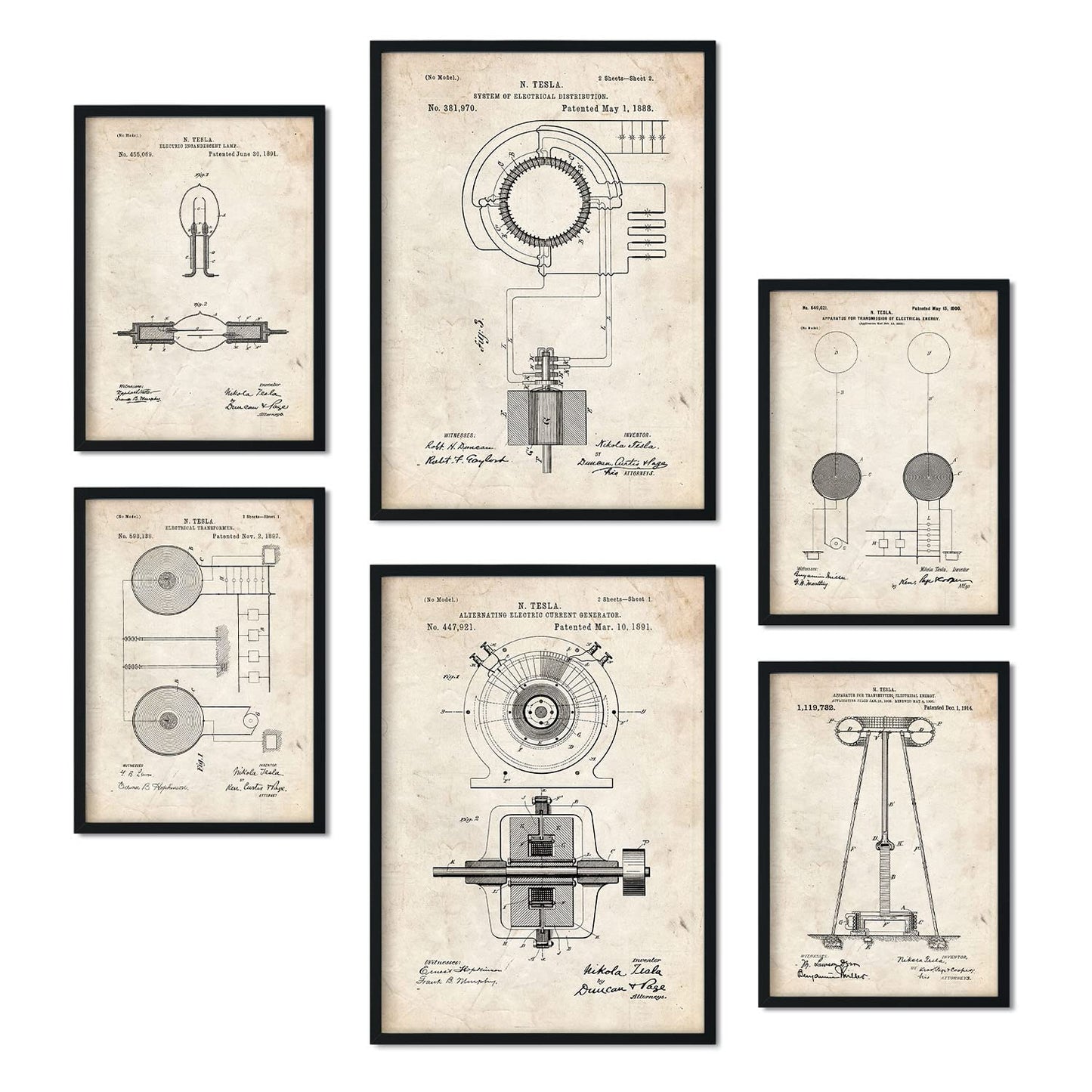 Set de 6 láminas de patentes Electricidad 2. Pósters con dibujos retro de inventos antiguos. Tamaños A4 y A3. .-Artwork-Nacnic-Nacnic Estudio SL