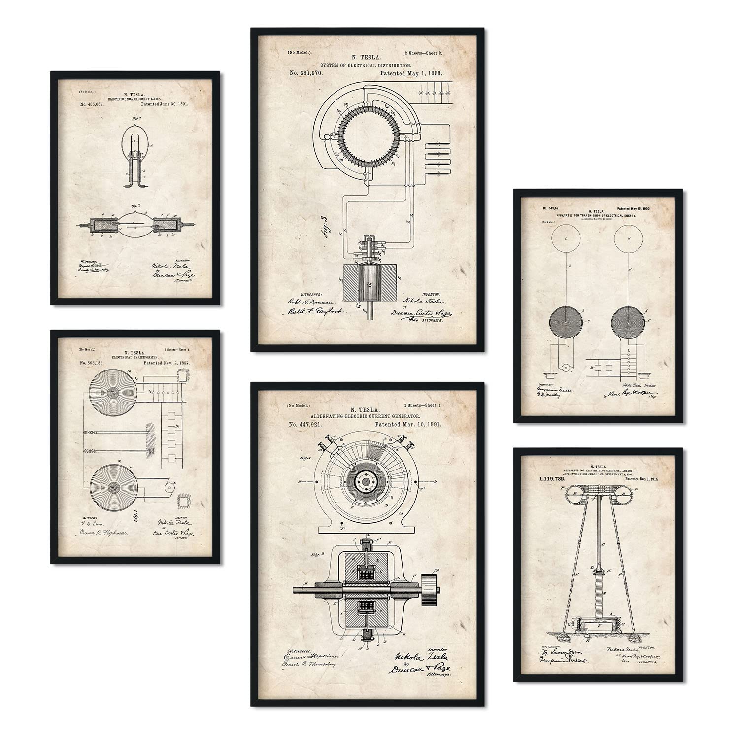 Set de 6 láminas de patentes Electricidad 2. Pósters con dibujos retro de inventos antiguos. Tamaños A4 y A3. .-Artwork-Nacnic-Nacnic Estudio SL