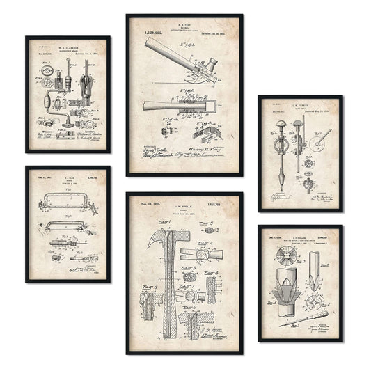 Set de 6 láminas de patentes Herramientas de construcción 2. Pósters con dibujos retro de inventos antiguos para tu hogar. Tamaños A4 y A3. .-Artwork-Nacnic-Nacnic Estudio SL
