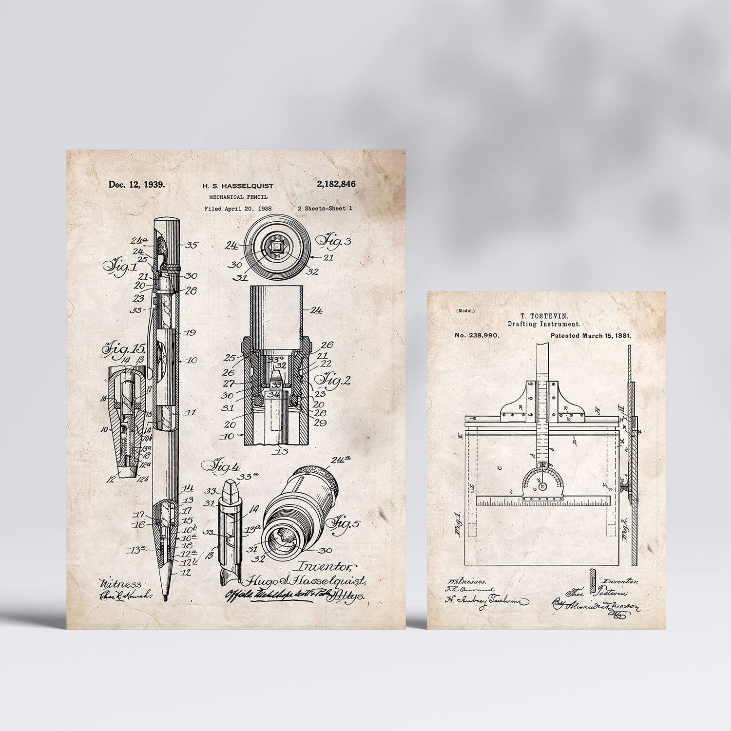 Set de 6 láminas de patentes Herramientas de medición. Pósters con dibujos retro de inventos antiguos. Tamaños A4 y A3. .-Artwork-Nacnic-Nacnic Estudio SL