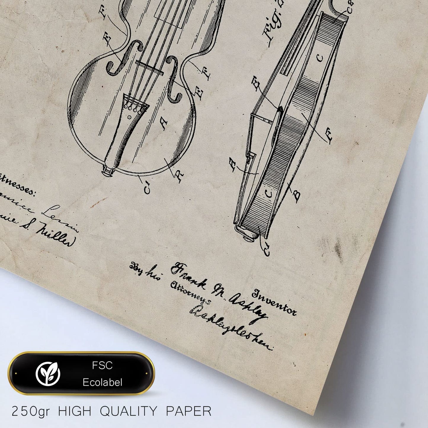 Set de 6 láminas de patentes Instrumentos de cuerda. Pósters con dibujos retro de inventos antiguos. Tamaños A4 y A3. .-Artwork-Nacnic-Nacnic Estudio SL