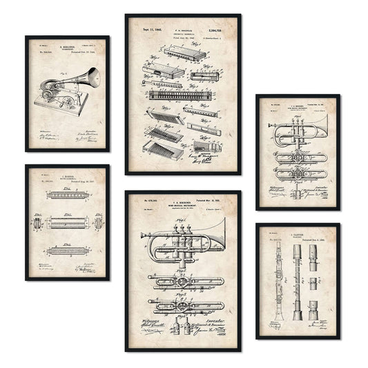 Set de 6 láminas de patentes Instrumentos de viento. Pósters con dibujos retro de inventos antiguos para tu hogar. Tamaños A4 y A3. .-Artwork-Nacnic-Nacnic Estudio SL