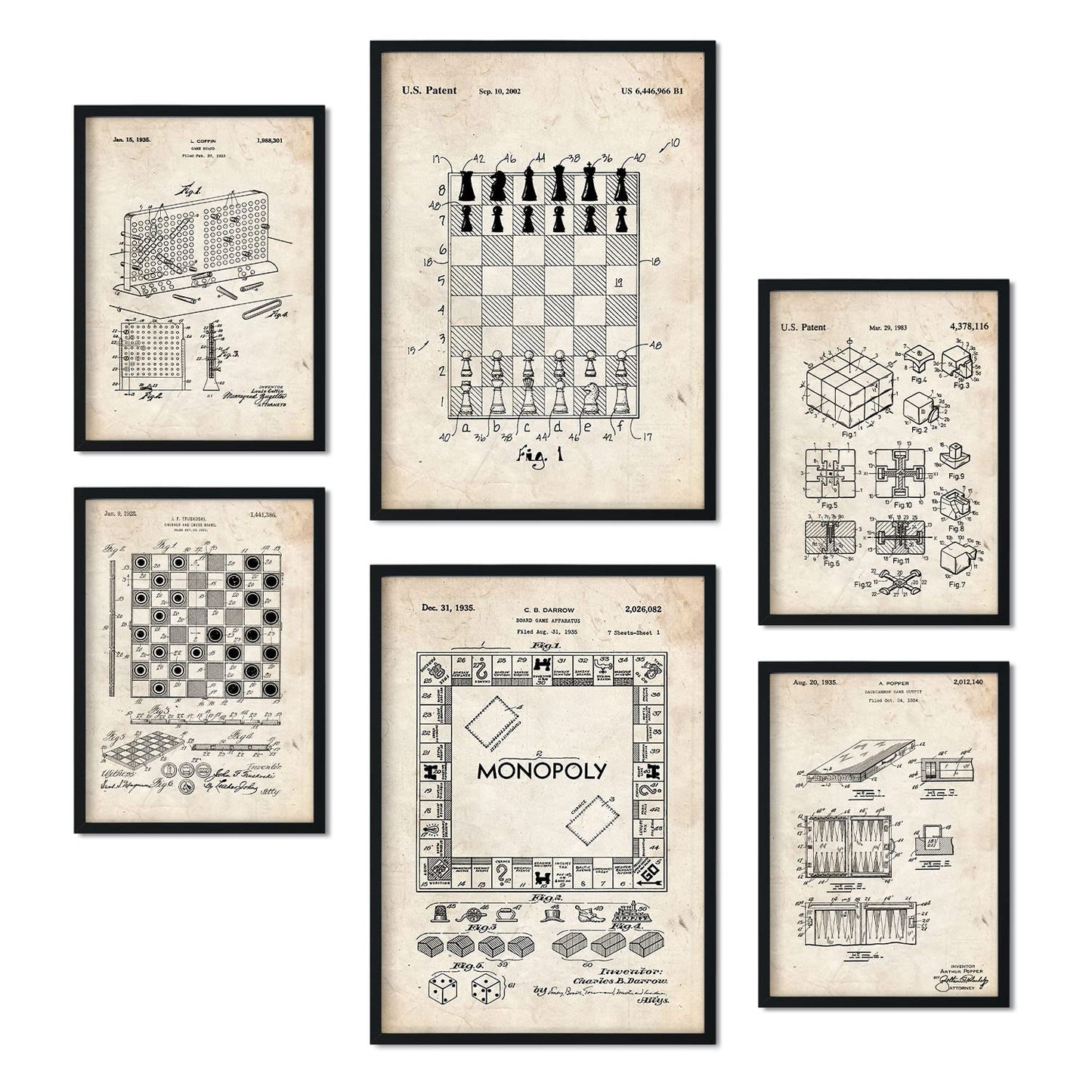 Set de 6 láminas de patentes Juegos de mesa. Pósters con dibujos retro de inventos antiguos para tu hogar. Tamaños A4 y A3. .-Artwork-Nacnic-Nacnic Estudio SL