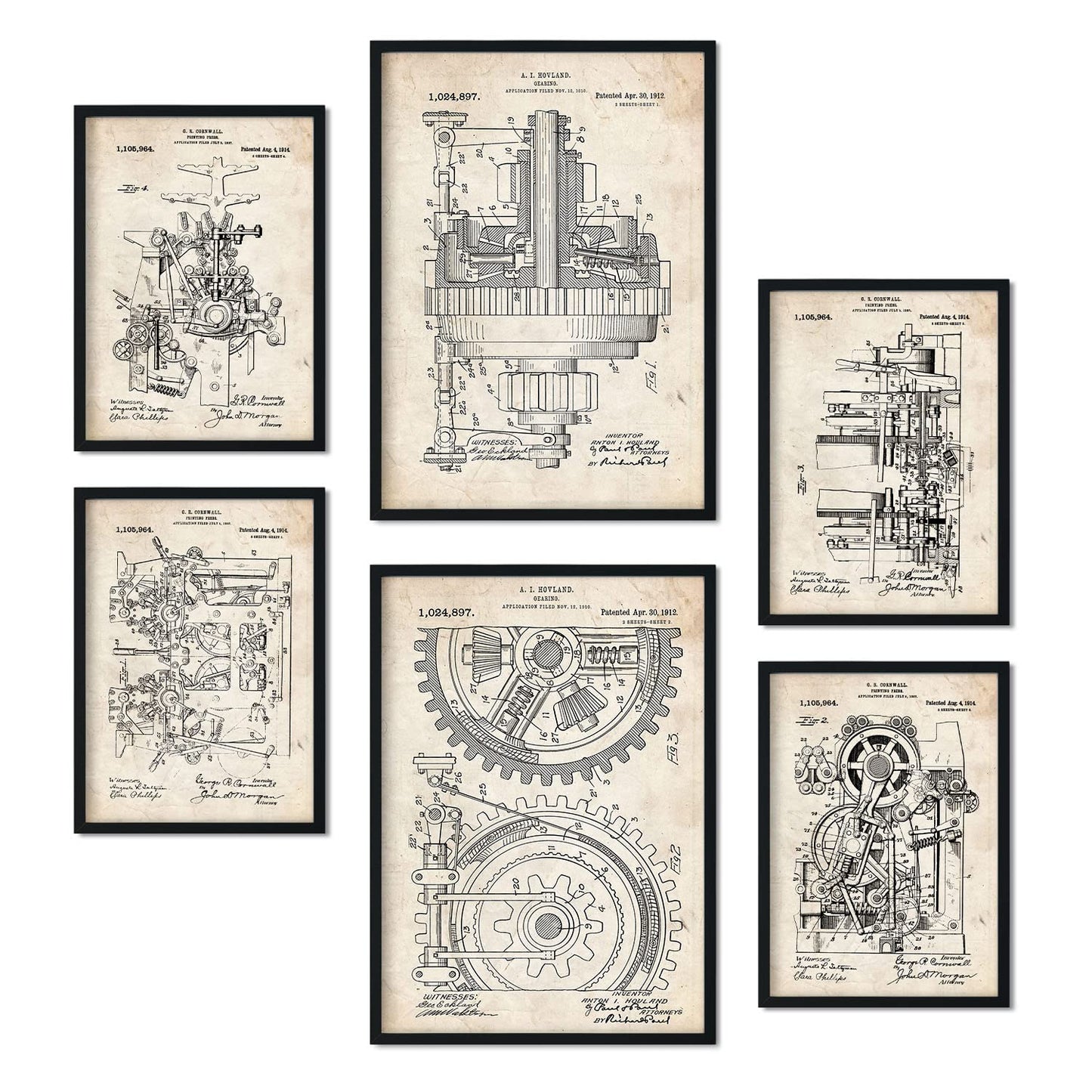 Set de 6 láminas de patentes Maquinaria. Pósters con dibujos retro de inventos antiguos. Tamaños A4 y A3. .-Artwork-Nacnic-Nacnic Estudio SL