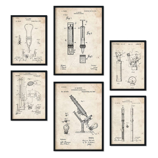 Set de 6 láminas de patentes Medicina. Pósters con dibujos retro de inventos antiguos. Tamaños A4 y A3. .-Artwork-Nacnic-Nacnic Estudio SL