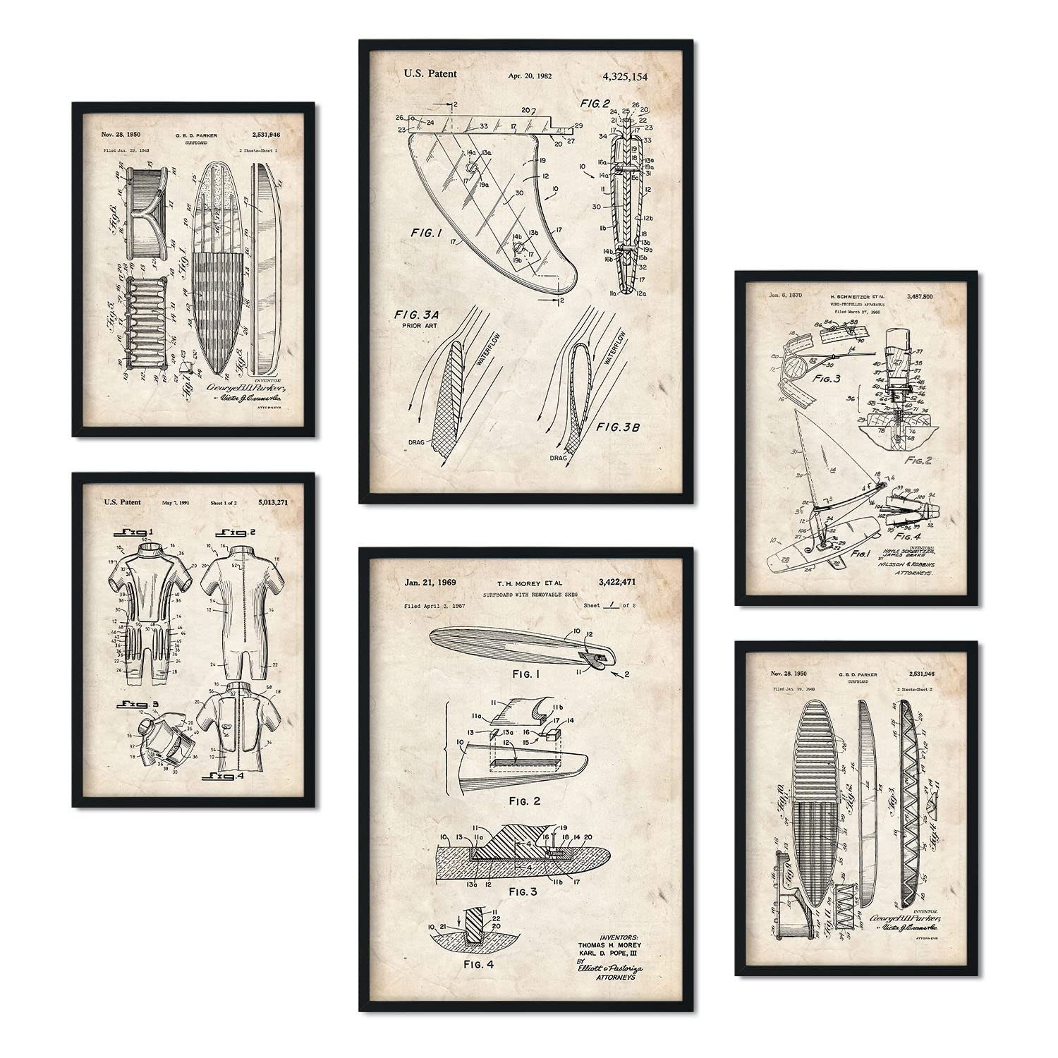 Set de 6 láminas de patentes Surf. Pósters con dibujos retro de inventos antiguos. Tamaños A4 y A3. .-Artwork-Nacnic-Nacnic Estudio SL