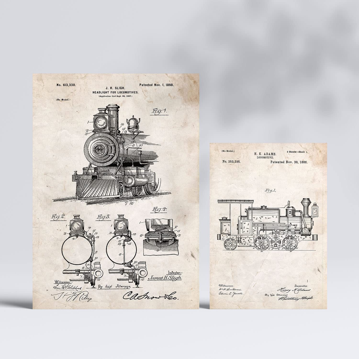 Set de 6 láminas de patentes Tren. Pósters con dibujos retro de inventos antiguos. Tamaños A4 y A3. .-Artwork-Nacnic-Nacnic Estudio SL