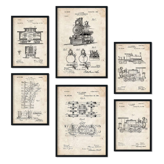 Set de 6 láminas de patentes Tren. Pósters con dibujos retro de inventos antiguos. Tamaños A4 y A3. .-Artwork-Nacnic-Nacnic Estudio SL