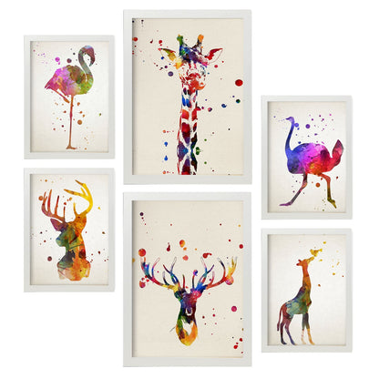 Set de 6 posters de Animales de acuarela. Colección de láminas con estética collage para la Tamaños A3 y A4. .-Artwork-Nacnic-Marco Blanco-Nacnic Estudio SL
