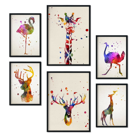 Set de 6 posters de Animales de acuarela. Colección de láminas con estética collage para la Tamaños A3 y A4. .-Artwork-Nacnic-Marco Negro-Nacnic Estudio SL
