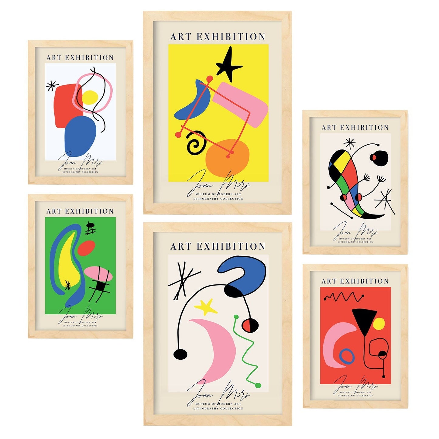 Set de 6 posters de Arte Miró. Colección de láminas con estética collage para la Tamaños A3 y A4. .-Artwork-Nacnic-Marco Madera clara-Nacnic Estudio SL