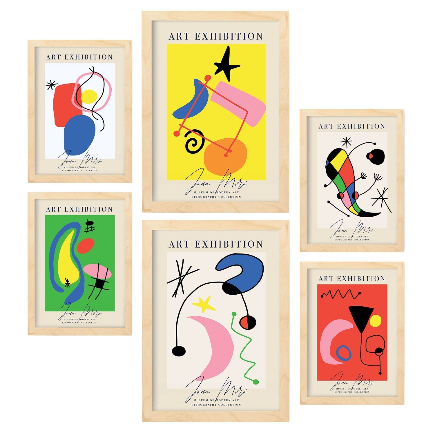 Set de 6 posters de Arte Miró. Colección de láminas con estética collage para la Tamaños A3 y A4. .-Artwork-Nacnic-Marco Madera clara-Nacnic Estudio SL