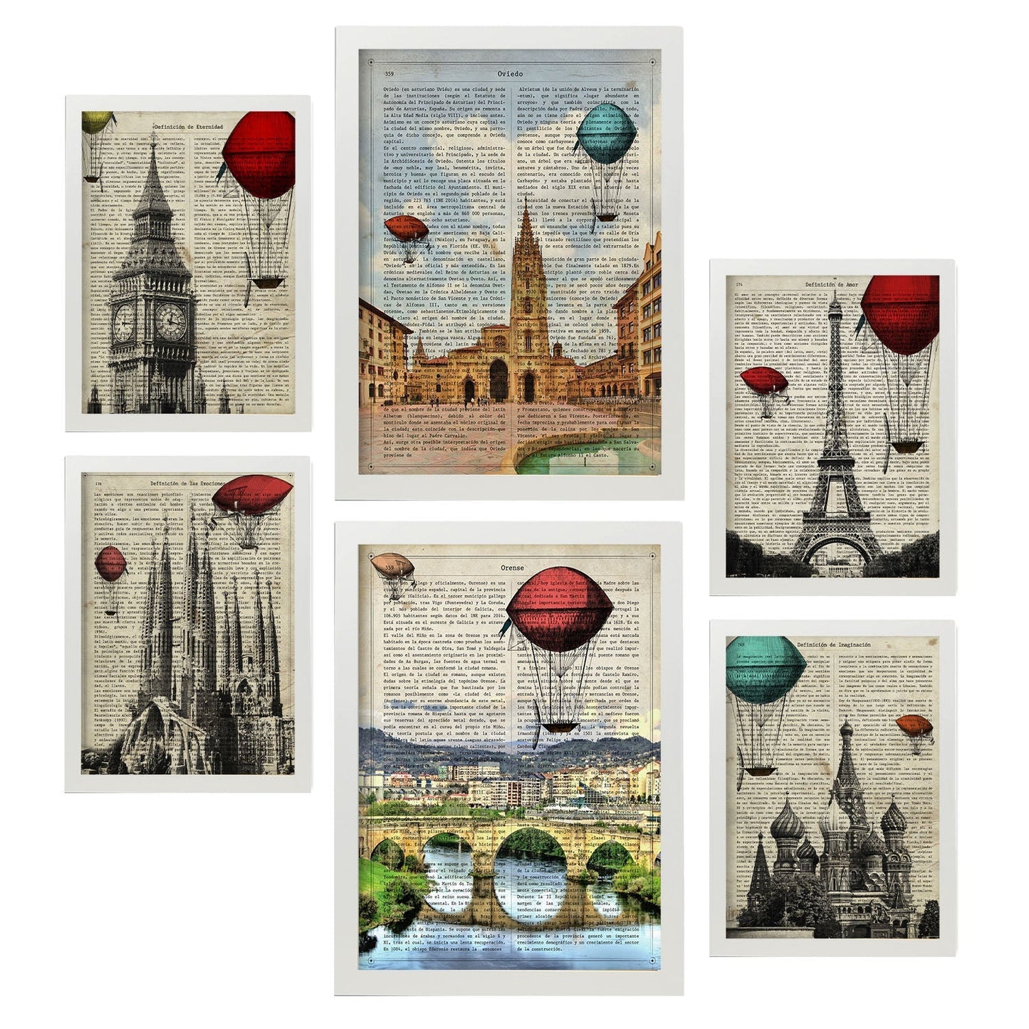 Set de 6 posters de Ciudades vintage. Colección de láminas con estética collage para la Tamaños A3 y A4. .-Artwork-Nacnic-Marco Blanco-Nacnic Estudio SL