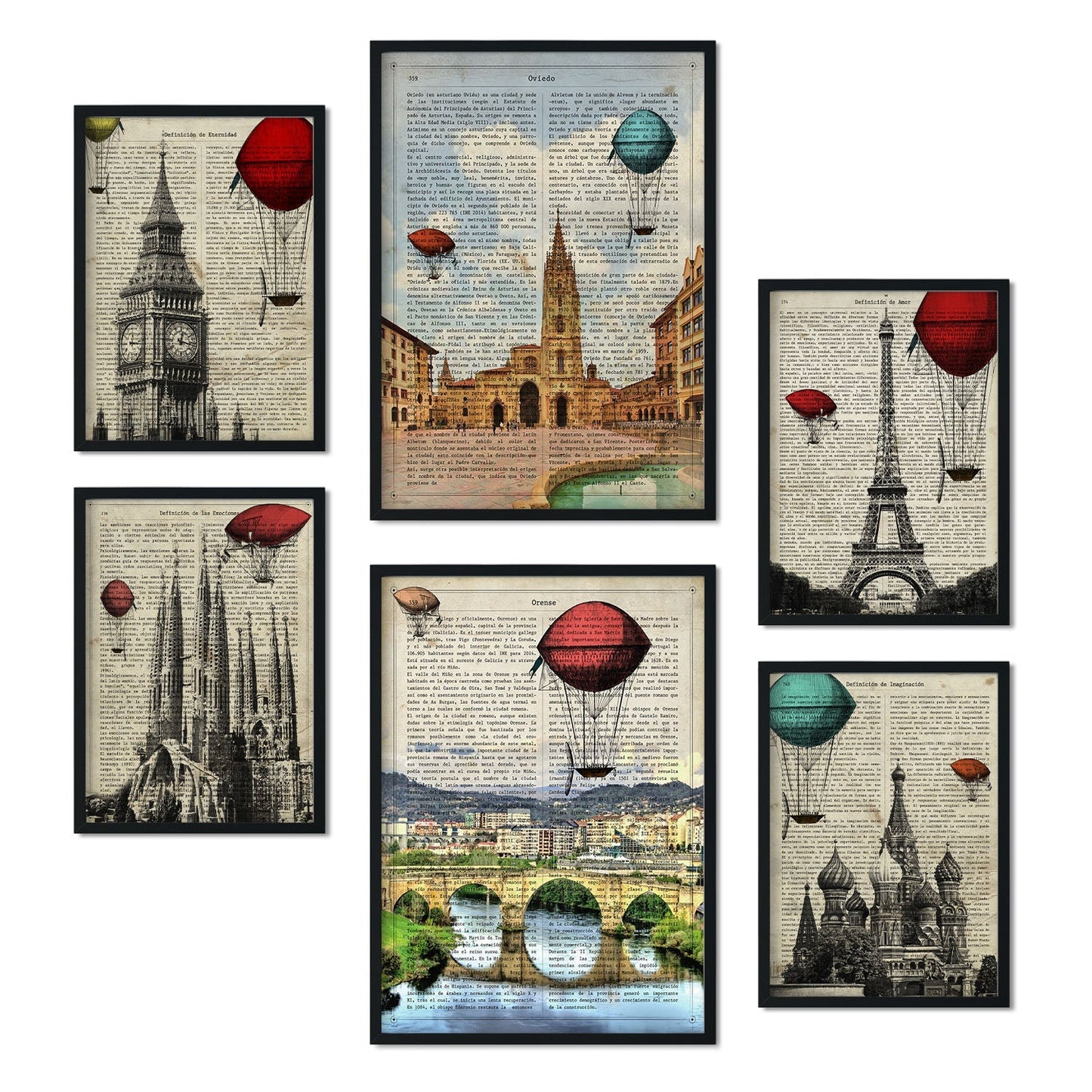 Set de 6 posters de Ciudades vintage. Colección de láminas con estética collage para la Tamaños A3 y A4. .-Artwork-Nacnic-Marco Negro-Nacnic Estudio SL