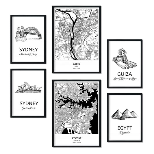 Set de 6 pósters de Egipto y Sidney. Colección de láminas con estética collage para la Tamaños A3 y A4. .-Artwork-Nacnic-Nacnic Estudio SL