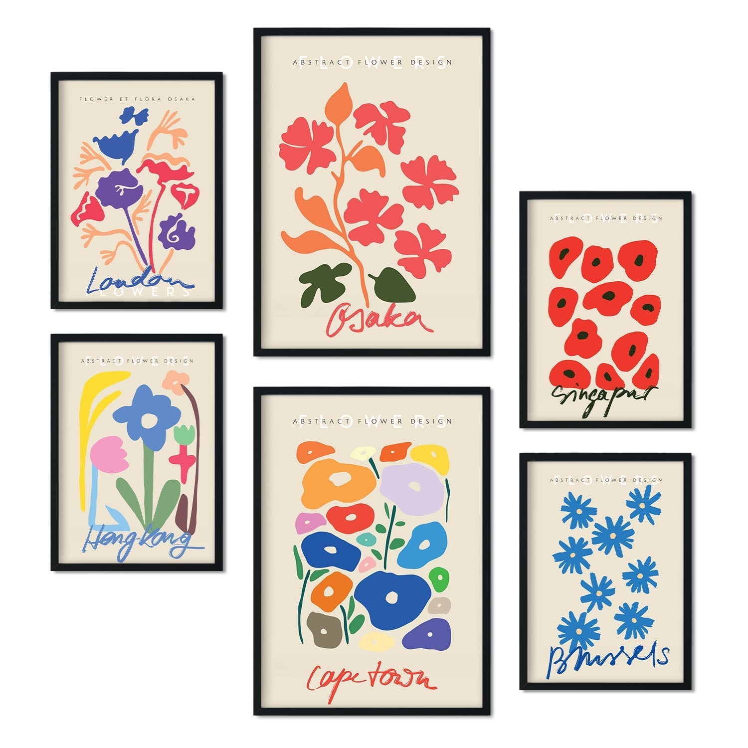 Set de 6 posters de Floral. Colección de láminas con estética collage para la Tamaños A3 y A4. .-Artwork-Nacnic-Marco Negro-Nacnic Estudio SL