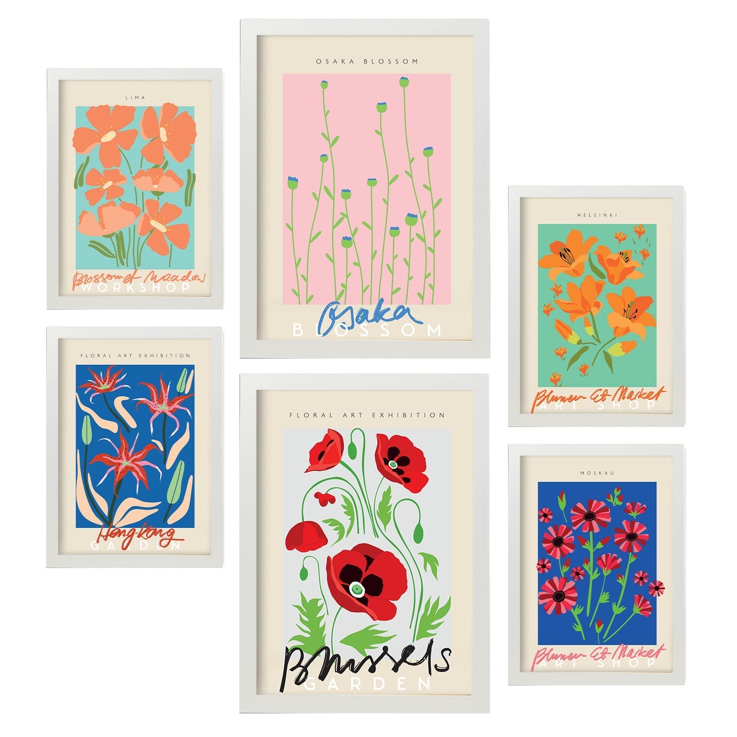 Set de 6 pósters de Flores de primavera. Colección de láminas con estética collage para la Tamaños A3 y A4. .-Artwork-Nacnic-Marco Blanco-Nacnic Estudio SL