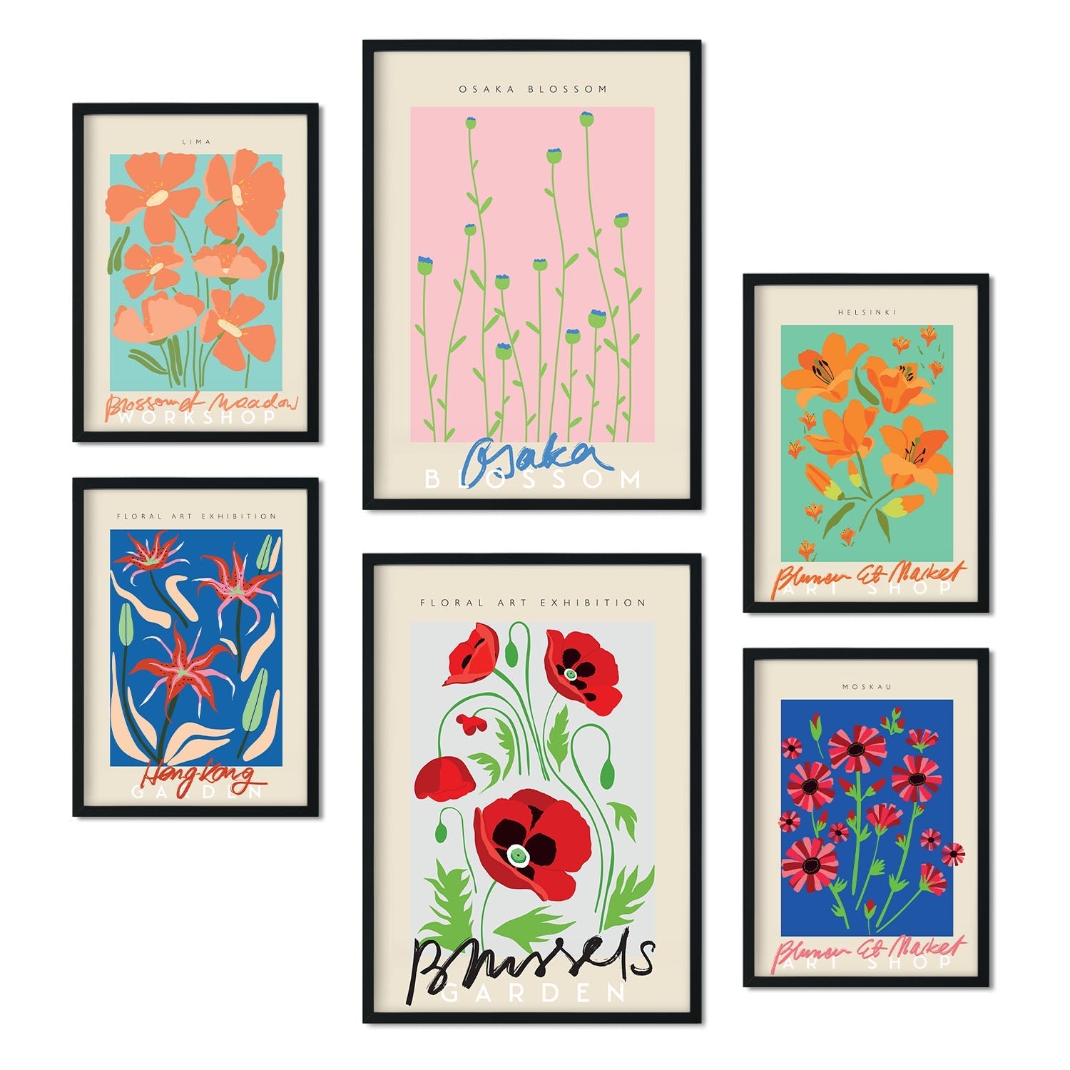 Set de 6 pósters de Flores de primavera. Colección de láminas con estética collage para la Tamaños A3 y A4. .-Artwork-Nacnic-Marco Negro-Nacnic Estudio SL