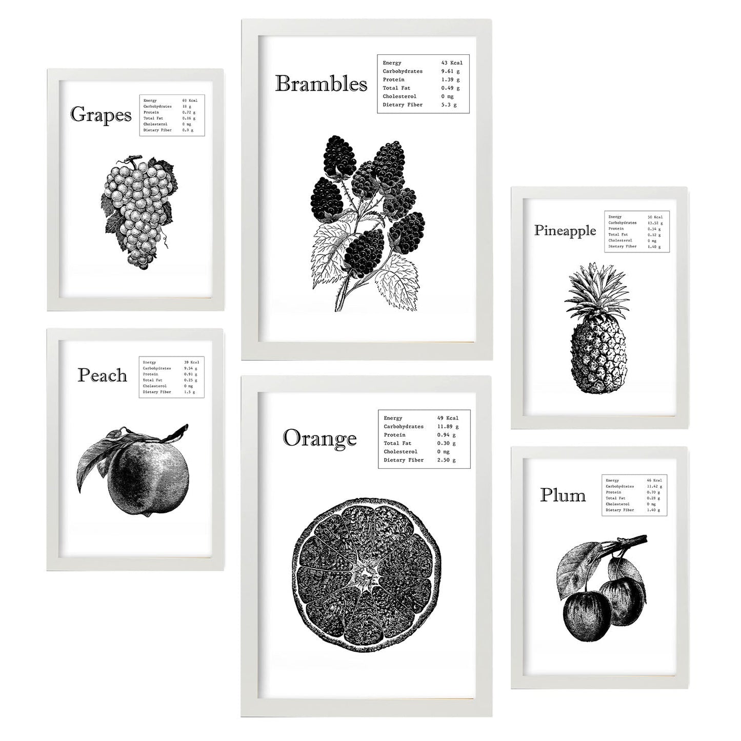 Set de 6 pósters de Frutas. Colección de láminas con estética collage para la Tamaños A3 y A4. .-Artwork-Nacnic-Marco Blanco-Nacnic Estudio SL