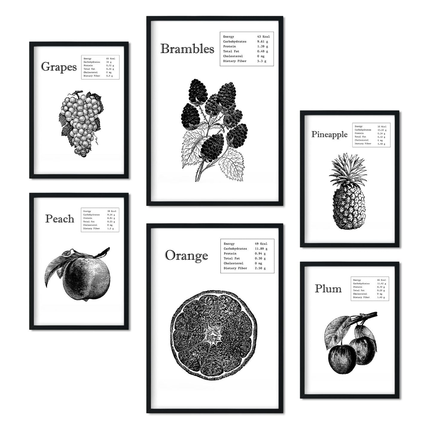 Set de 6 pósters de Frutas. Colección de láminas con estética collage para la Tamaños A3 y A4. .-Artwork-Nacnic-Marco Negro-Nacnic Estudio SL