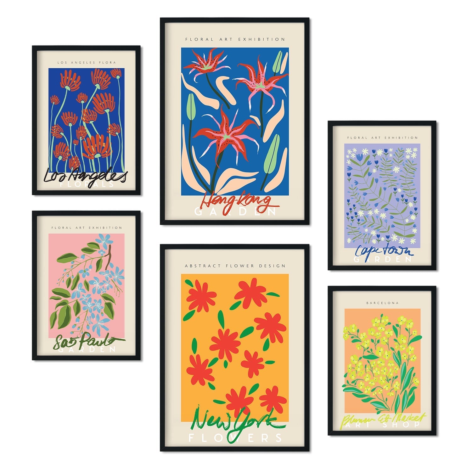 Set de 6 pósters de Galería floral. Colección de láminas con estética collage para la Tamaños A3 y A4. .-Artwork-Nacnic-Marco Negro-Nacnic Estudio SL