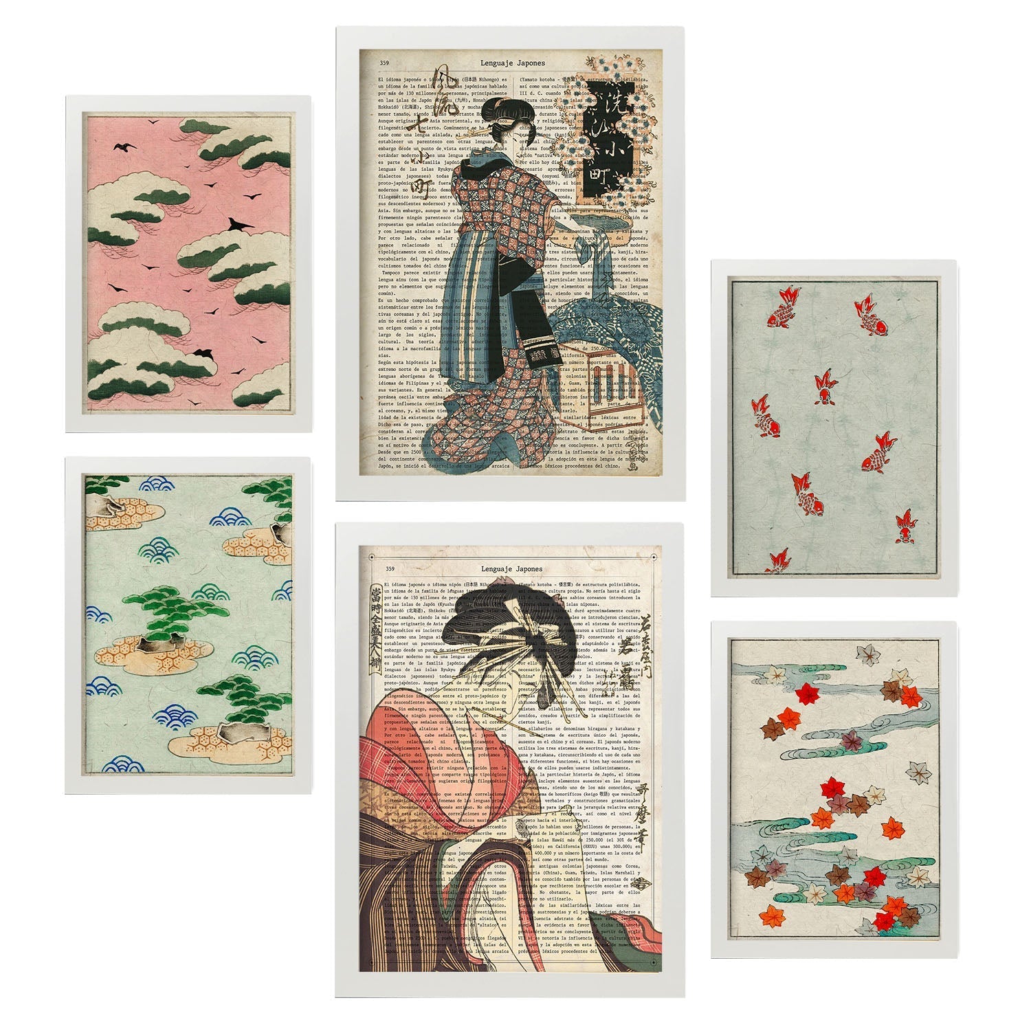 Set de 6 posters de Japón. Colección de láminas con estética collage para la Tamaños A3 y A4. .-Artwork-Nacnic-Marco Blanco-Nacnic Estudio SL