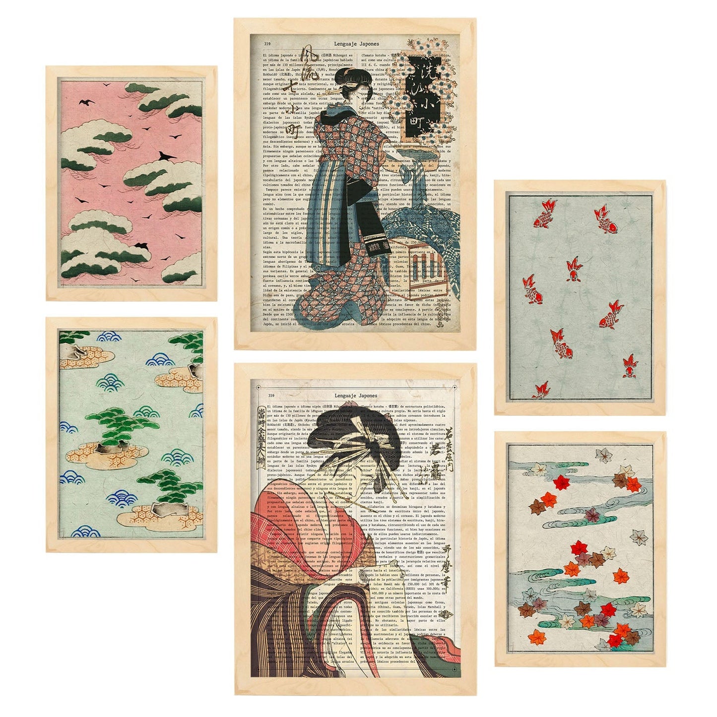 Set de 6 posters de Japón. Colección de láminas con estética collage para la Tamaños A3 y A4. .-Artwork-Nacnic-Marco Madera clara-Nacnic Estudio SL