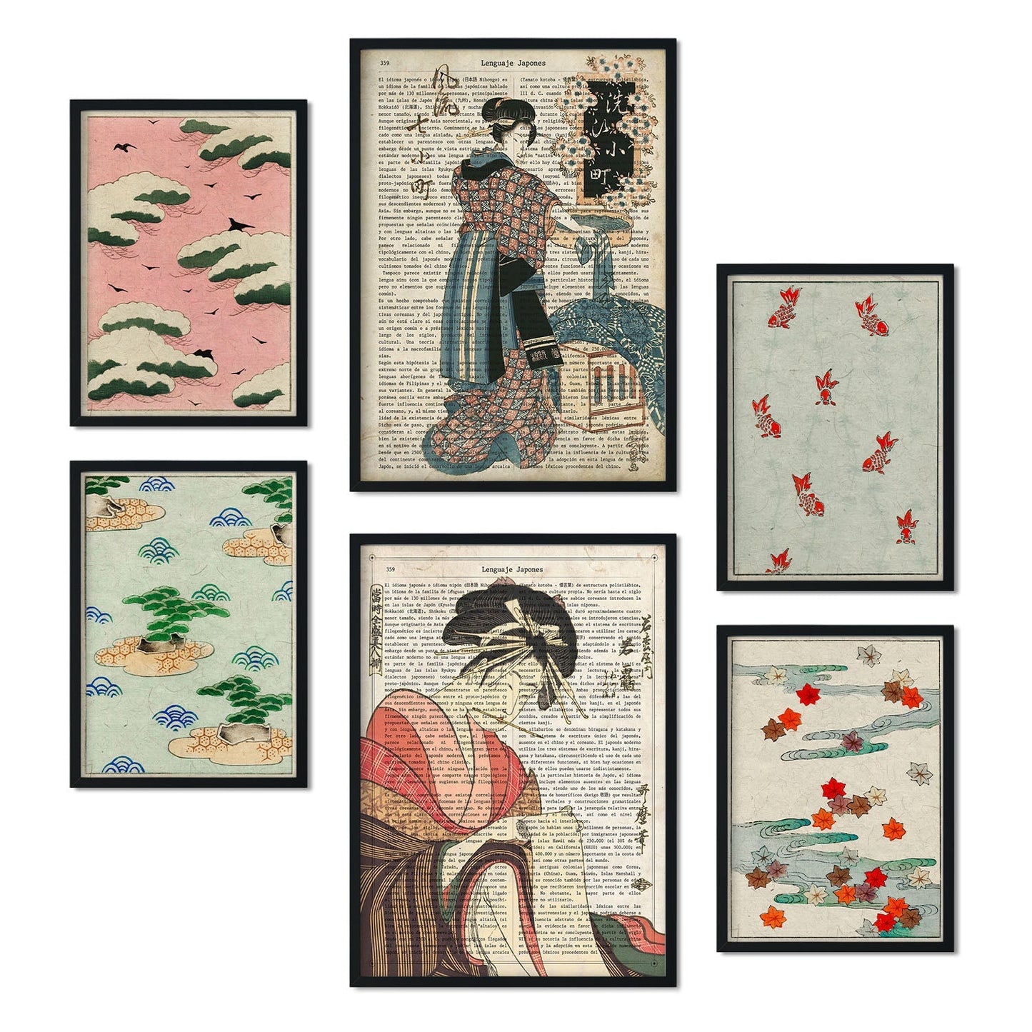 Set de 6 posters de Japón. Colección de láminas con estética collage para la Tamaños A3 y A4. .-Artwork-Nacnic-Marco Negro-Nacnic Estudio SL