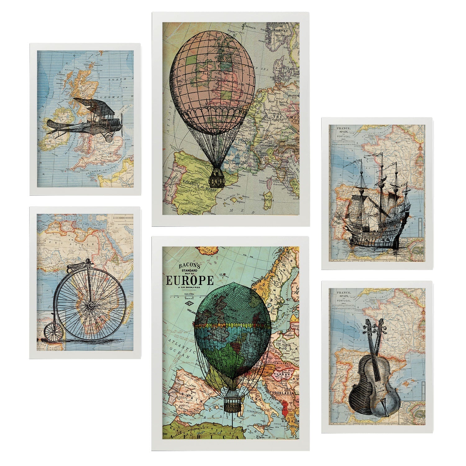 Set de 6 posters de Mapas vintage. Colección de láminas con estética collage para la Tamaños A3 y A4. .-Artwork-Nacnic-Marco Blanco-Nacnic Estudio SL