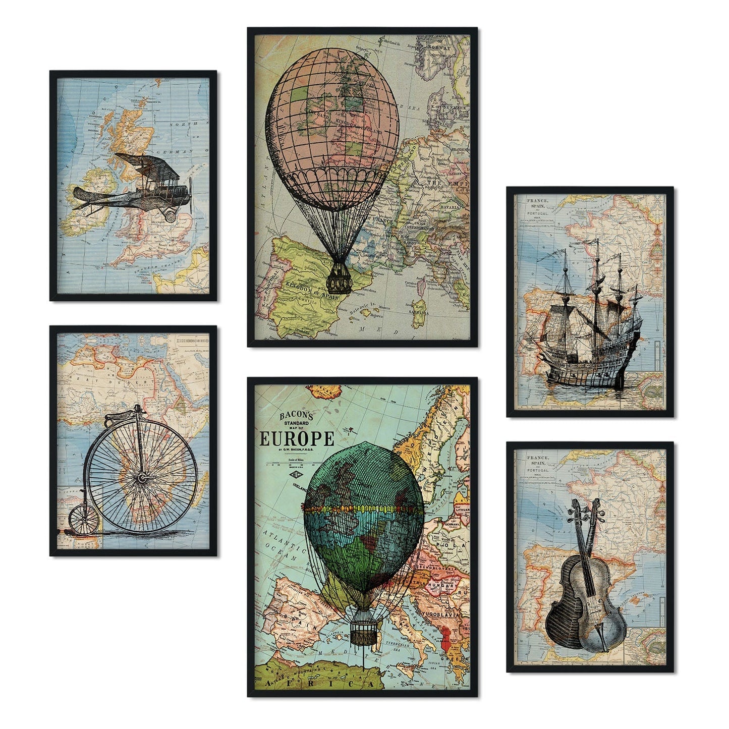 Set de 6 posters de Mapas vintage. Colección de láminas con estética collage para la Tamaños A3 y A4. .-Artwork-Nacnic-Marco Negro-Nacnic Estudio SL