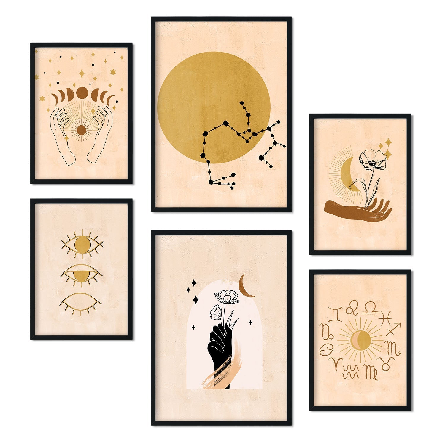 Set de 6 posters de Místico. Colección de láminas con estética collage para la Tamaños A3 y A4. .-Artwork-Nacnic-Marco Negro-Nacnic Estudio SL