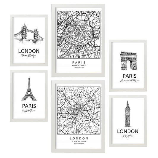 Set de 6 pósters de París y Londres. Colección de láminas con estética collage para la Tamaños A3 y A4. .-Artwork-Nacnic-Marco Blanco-Nacnic Estudio SL