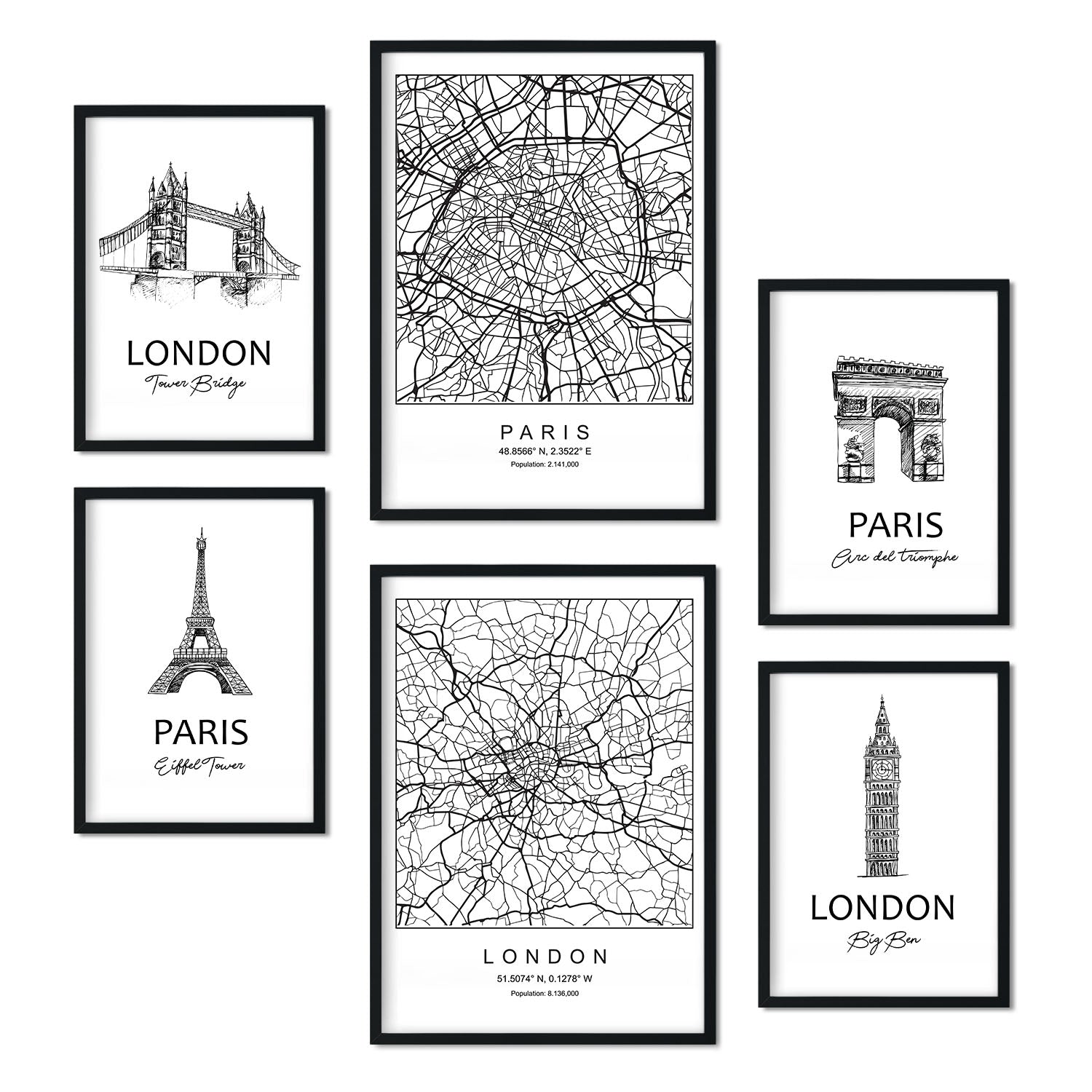Set de 6 pósters de París y Londres. Colección de láminas con estética collage para la Tamaños A3 y A4. .-Artwork-Nacnic-Marco Negro-Nacnic Estudio SL