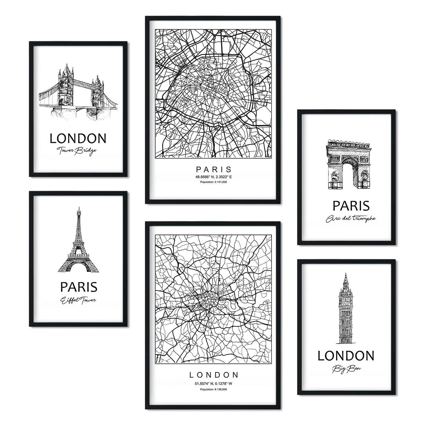 Set de 6 pósters de París y Londres. Colección de láminas con estética collage para la Tamaños A3 y A4. .-Artwork-Nacnic-Nacnic Estudio SL