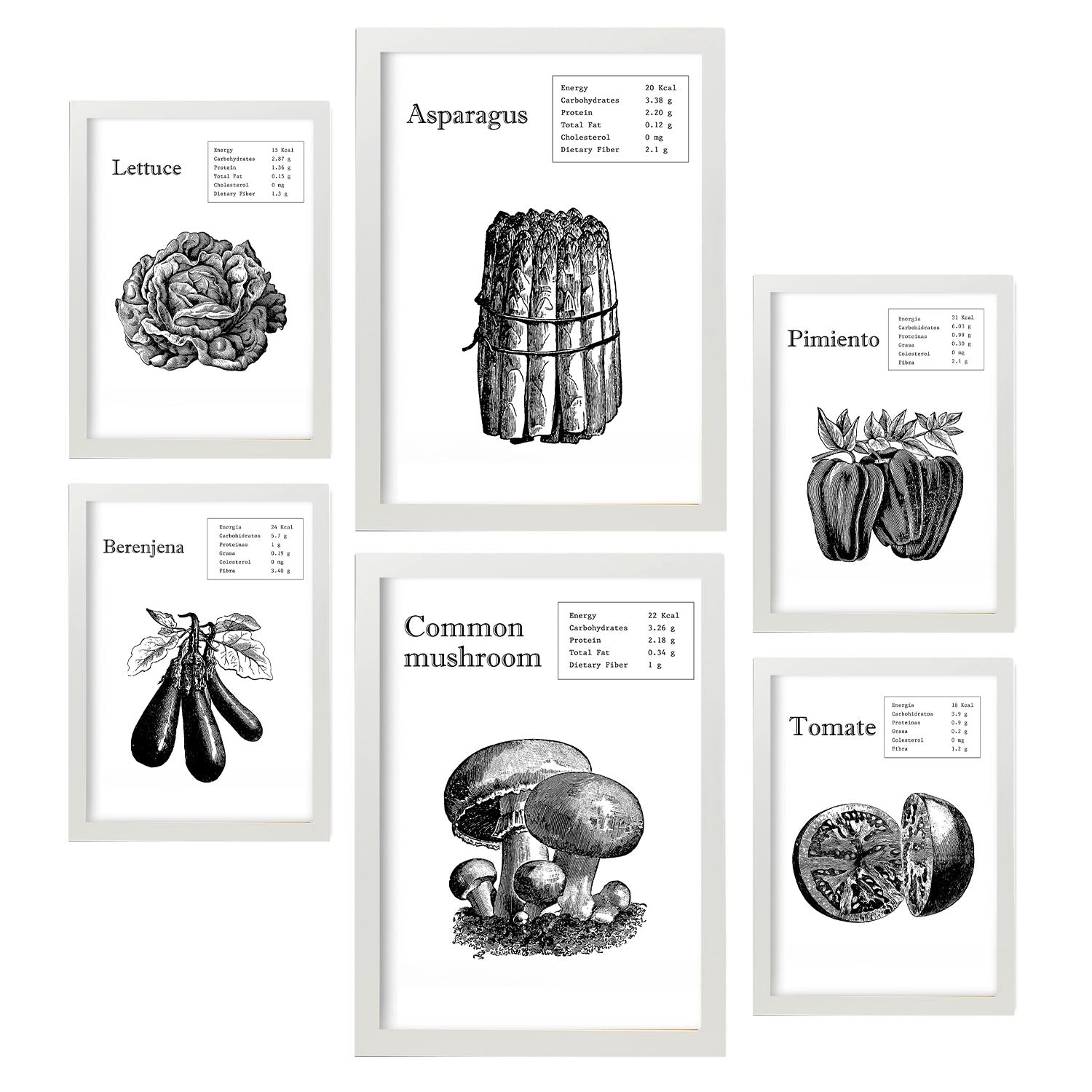 Set de 6 posters de Vegetales. Colección de láminas con estética collage para la Tamaños A3 y A4. .-Artwork-Nacnic-Marco Blanco-Nacnic Estudio SL